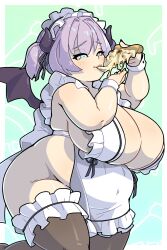 Rule 34 | 1girl, absurdres, agano mai, apron, aqua eyes, blush, border, bow, breasts, cleavage, closed mouth, covered navel, cowboy shot, eating, fat, food, gradient background, green background, hair intakes, highres, holding, holding food, holding pizza, horns, huge breasts, indie virtual youtuber, maid headdress, mini wings, morningpanda, naked apron, open hand, outside border, pizza, purple hair, solo, thick arms, thick thighs, thighhighs, thighs, virtual youtuber, white border, wings, wrist cuffs