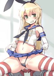 Rule 34 | 1girl, black neckerchief, black panties, blonde hair, blue skirt, bosshi, elbow gloves, gloves, green eyes, hair between eyes, highleg, highleg panties, highres, kantai collection, lifted by self, long hair, looking at viewer, miniskirt, navel, neckerchief, panties, parted lips, pleated skirt, sailor collar, school uniform, serafuku, shimakaze (kancolle), skirt, solo, striped clothes, striped thighhighs, teeth, thighhighs, underwear, white gloves