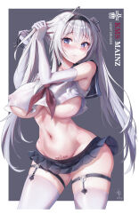 Rule 34 | 1girl, 2023, absurdres, aperture, azur lane, black skirt, blue eyes, breasts, character name, elbow gloves, gloves, grey hair, highres, huge breasts, iron blood (emblem), long hair, looking at viewer, mainz (azur lane), microskirt, o-ring, o-ring thigh strap, pubic tattoo, skirt, solo, tattoo, thigh strap, thighhighs, very long hair, white gloves, white thighhighs