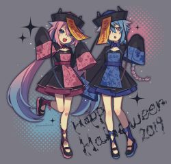 Rule 34 | 2019, 2others, blue eyes, blue hair, braid, braided ponytail, chinese clothes, chinese hat, collarbone, commentary, english text, fang, floral print, full body, gradient hair, grey background, halloween, hands up, happy halloween, hat, highres, jiangshi, jiangshi costume, leg up, matching outfits, meika hime, meika mikoto, multicolored hair, multiple others, nou (nounknown), open mouth, pink eyes, pink hair, qingdai guanmao, sidelocks, skin fang, sleeves past fingers, sleeves past wrists, smile, sparkle, standing, talisman, translated, twintails, vocaloid