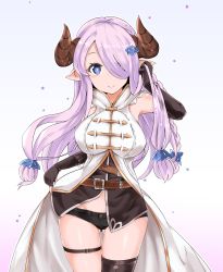Rule 34 | 10s, 1girl, absurdres, bare shoulders, belt, black gloves, black thighhighs, blue eyes, braid, breasts, cow girl, cow horns, elbow gloves, female focus, fingerless gloves, gloves, gradient background, granblue fantasy, hair ornament, hair over one eye, hairclip, highres, horns, large breasts, long hair, looking at viewer, narmaya (granblue fantasy), pointy ears, rumiya9i, shorts, simple background, smile, solo, standing, thigh gap, thighhighs