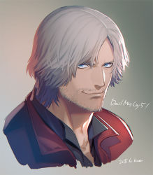 Rule 34 | 1boy, artist name, beard, blue eyes, copyright name, dante (devil may cry), dated, devil may cry (series), devil may cry 5, facial hair, grey hair, jacket, kuren, looking at viewer, male focus, portrait, red jacket, smile, solo
