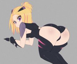 Rule 34 | 1girl, all fours, ass, black bodysuit, blonde hair, blush, bodysuit, breasts, covered erect nipples, flip flappers, grey background, highres, looking at viewer, looking back, multicolored hair, purple eyes, red hair, simple background, small breasts, solo, yayaka