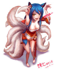 Rule 34 | 1girl, ahri (league of legends), animal ears, barefoot, blue hair, braid, breasts, chan qi (fireworkhouse), chanseven, cleavage, dated, fox ears, fox tail, full body, highres, large breasts, league of legends, legs, long hair, looking at viewer, multiple tails, no panties, nyan, paw pose, shadow, signature, simple background, single braid, slit pupils, smile, solo, tail, very long hair, white background, yellow eyes