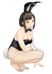 Rule 34 | 1girl, absurdres, animal ears, arm support, black bow, black bowtie, black hairband, black leotard, bob cut, bow, bowtie, breasts, brown eyes, brown hair, cleavage, closed mouth, collarbone, detached collar, fake animal ears, fake tail, feet, fishnet pantyhose, fishnets, full body, hairband, highres, large breasts, leaning forward, legs, leotard, mbr90munouk, medium hair, no shoes, original, pantyhose, rabbit ears, shiny skin, signature, simple background, solo, squatting, strapless, strapless leotard, tail, thighs, tiptoes, toenails, toes, twitter username, white background