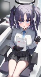 Rule 34 | 1girl, absurdres, black gloves, black skirt, blue archive, blue necktie, blurry, blurry background, blush, chair, collared shirt, feet out of frame, gloves, halo, highres, holding, holding paper, indoors, keyboard (computer), kustaru, long hair, long sleeves, looking at viewer, mechanical halo, monitor, necktie, open mouth, paper, pleated skirt, purple eyes, purple hair, shirt, sitting, skirt, solo, two side up, white shirt, yuuka (blue archive)