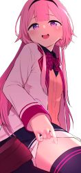 Rule 34 | 1girl, akashi rokurou, backlighting, black hairband, black skirt, blazer, blush, bow, bowtie, brown cardigan, cardigan, commentary request, from below, hairband, highres, jacket, loafers, long hair, looking at viewer, nijisanji, open clothes, open jacket, open mouth, pink hair, plaid, plaid bow, plaid bowtie, purple eyes, shoes, simple background, sitting, skirt, skirt hold, smile, solo, suo sango, teeth, thighhighs, upper teeth only, virtual youtuber, white background, white jacket, zettai ryouiki