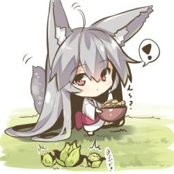 Rule 34 | !, 1girl, ^^^, absurdly long hair, ahoge, animal ears, bowl, cabbage, chibi, closed mouth, food, fox ears, fox girl, fox tail, full body, hair between eyes, holding, holding bowl, japanese clothes, kimono, long hair, long sleeves, looking at viewer, looking to the side, obi, original, red eyes, sash, silver hair, solo, spoken exclamation mark, standing, standing on one leg, tail, translated, very long hair, white kimono, wide sleeves, yuuji (yukimimi)