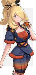 Rule 34 | 1girl, blonde hair, blue robe, commentary request, cowboy shot, creatures (company), cynthia (pokemon), game freak, gonzarez, grey eyes, grin, hair over one eye, hand up, highres, holding, holding poke ball, long hair, looking at viewer, nintendo, pants, poke ball, pokemon, pokemon (anime), pokemon jns01, pokemon journeys, robe, sarashi, sash, short sleeves, smile, solo, standing