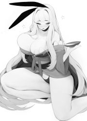 Rule 34 | 1girl, absurdres, alcohol, animal ears, barefoot, blush, breasts, collarbone, cup, drunk, fake animal ears, greyscale, highres, holding, holding cup, large breasts, long hair, long sleeves, mole, mole under eye, monochrome, open mouth, original, panties, rabbit (wlsdnjs950), rabbit ears, sakazuki, sake, simple background, skindentation, smile, solo, squeans, underwear, very long hair, white background, wide sleeves