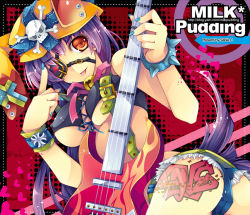 Rule 34 | 1girl, :p, aqua nails, bad id, bad pixiv id, bell, belt, bow, bracelet, breasts, brown eyes, covered erect nipples, eyepatch, fingernails, guitar, hat, heart, instrument, jewelry, large breasts, long hair, nail polish, orange eyes, original, pointing, purple hair, ribbon, sana.c, short shorts, shorts, skull, smile, solo, spiked bracelet, spikes, tattoo, tongue, tongue out, underboob, wrist cuffs