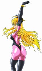 Rule 34 | 1girl, ass, blonde hair, blush, bodysuit, breasts, cosplay, from behind, g gundam, gloves, green eyes, gundam, highres, hoshii miki, idolmaster, idolmaster (classic), latex, latex gloves, latex legwear, latex suit, long hair, looking at viewer, mobile trace suit, nkz0416, open mouth, rain mikamura, rain mikamura (cosplay), shiny clothes, smile, solo, very long hair