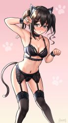 Rule 34 | 1girl, :o, animal ears, arm up, armpits, asarime, bad id, bad pixiv id, bare shoulders, black bra, black choker, black hairband, black panties, black thighhighs, blush, bra, breasts, brown eyes, cat ears, cat tail, choker, cleavage, collarbone, commentary request, fake animal ears, fake tail, feet out of frame, garter belt, gradient background, hair between eyes, hair ornament, hairband, hairclip, highres, idolmaster, idolmaster cinderella girls, long hair, mole, mole under eye, navel, nose blush, panties, parted lips, paw pose, paw print, paw print background, pink background, short twintails, signature, small breasts, solo, standing, stomach, sunazuka akira, tail, thighhighs, twintails, underwear, underwear only, wristband