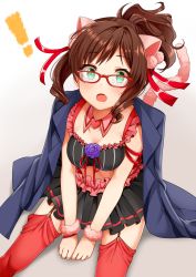 Rule 34 | !, 10s, 1girl, animal ears, blush, brown hair, cat ears, cat tail, fang, garter straps, glasses, gradient background, green eyes, highres, idolmaster, idolmaster cinderella girls, jacket, maekawa miku, midriff, open mouth, over the collar, ponytail, red-framed eyewear, red thighhighs, revision, short hair, solo, tail, tarachine, thighhighs