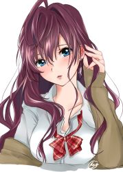 Rule 34 | 10s, 1girl, ahoge, blue eyes, blush, bow, bowtie, brown hair, cardigan, collarbone, commentary request, dress shirt, earrings, hand in own hair, highres, hop grenade, ichinose shiki, idolmaster, idolmaster cinderella girls, jewelry, long hair, looking at viewer, open cardigan, open clothes, red bow, red bowtie, shirt, simple background, solo, wavy hair, white background