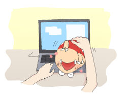 Rule 34 | 1other, ambiguous gender, animal focus, blush, bulborb, cable, closed eyes, commentary, computer, desk, fangs, flower, hand on animal, highres, indoors, keylow, laptop, motion lines, nintendo, open mouth, petting, pikmin (series), pink flower, polka dot, pov, solo focus, upside-down, white background