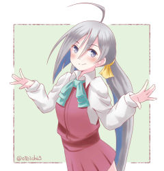 Rule 34 | 10s, 1girl, ahoge, blue hair, bow, bowtie, commentary request, dress, grey eyes, grey hair, hair between eyes, hair ribbon, kantai collection, kiyoshimo (kancolle), long hair, long sleeves, looking at viewer, low twintails, multicolored hair, no legwear, otoichi, ribbon, shirt, simple background, sleeveless, sleeveless dress, smile, solo, twintails, twitter username, very long hair, white shirt