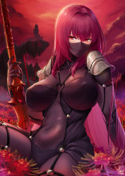 Rule 34 | 1girl, armor, bodysuit, breasts, covered navel, fate/grand order, fate (series), field, flower, flower field, gae bolg (fate), hair between eyes, large breasts, long hair, looking at viewer, mask, mouth mask, okitakung, pauldrons, polearm, purple bodysuit, purple hair, red eyes, red sky, scathach (fate), scathach (first ascension) (fate), shoulder armor, sky, solo, spear, spider lily, thighs, weapon