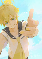 Rule 34 | 1boy, a-shacho, blonde hair, cloud, commentary, dated, day, dutch angle, highres, horizon, kagamine len, leaning forward, looking at viewer, male focus, nail polish, ocean, outstretched hand, shirt, signature, sky, solo, vocaloid, water drop, wet, wet clothes, wet shirt, yellow nails