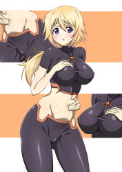 Rule 34 | 1girl, absurdres, bike shorts, blonde hair, blush, breasts, charlotte dunois, covered erect nipples, hand on breast, highres, infinite stratos, jewelry, long hair, macaroni (dontakadx), medium breasts, midriff, multiple views, navel, necklace, purple eyes, shiny skin, standing, taut clothes