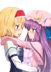 Rule 34 | 2girls, alice margatroid, arms around neck, arms around waist, asymmetrical docking, bad id, bad pixiv id, blonde hair, blue eyes, blush, breast press, breasts, capelet, colored eyelashes, crescent, eye contact, eyelashes, female focus, hairband, hat, homura subaru, hug, impossible clothes, impossible shirt, lace, large breasts, long hair, looking at another, multiple girls, patchouli knowledge, purple eyes, purple hair, saliva, saliva trail, shirt, short hair, simple background, striped, symmetrical docking, touhou, upper body, yuri