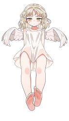 Rule 34 | 1girl, alternate costume, angel, angel wings, arms behind back, bare legs, barefoot, blonde hair, blush, commentary, dress, english commentary, erma (girls&#039; frontline), feathered wings, feet, full body, girls&#039; frontline, highres, lemures, looking at viewer, medium hair, simple background, sleeveless, sleeveless dress, soles, solo, sweat, toes, white background, white dress, wings, yellow eyes