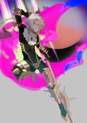 Rule 34 | 1boy, armor, bad id, bad pixiv id, bishounen, blue eyes, cape, chest jewel, fate/apocrypha, fate (series), gem, greaves, grey background, holding, holding weapon, jewelry, karna (fate), kibadori rue, male focus, necklace, parted lips, polearm, simple background, solo, vambraces, weapon, white hair
