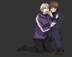 Rule 34 | 2boys, brown hair, command spell, crying, fate/zero, fate (series), highres, hood, hoodie, kotomine kirei, male focus, matou kariya, multiple boys, seojung, simple background, tears, white hair, wiping tears