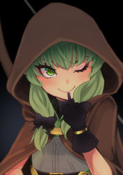 Rule 34 | 10s, atatatamu, black bow, black gloves, blush, bow, bow (weapon), cloak, crossbow, elf, eyelashes, gloves, goblin slayer!, green eyes, green hair, hair bow, high elf archer (goblin slayer!), hood, hooded cloak, looking at viewer, pointy ears, smile, solo, weapon