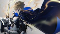 Rule 34 | 1boy, ahoge, armor, arthur pendragon (fate), blonde hair, cape, closed eyes, closed mouth, excalibur (fate/prototype), fate/grand order, fate/prototype, fate/prototype: fragments of blue and silver, fate (series), gauntlets, gradient background, grey background, holding, holding sword, holding weapon, kiki (re 6xxx), male focus, short hair, solo, sword, upper body, weapon