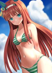 Rule 34 | 1girl, animal ears, arms behind back, bare shoulders, bikini, blue eyes, blue sky, blush, breasts, closed mouth, cloud, collarbone, commentary request, day, dutch angle, enamon (ena mon01), hairband, highres, horse ears, long hair, looking at viewer, medium breasts, navel, orange hair, outdoors, silence suzuka (umamusume), sky, smile, solo, striped bikini, striped clothes, swimsuit, umamusume, very long hair, white hairband