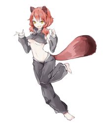Rule 34 | 1girl, animal ears, bad id, bad pixiv id, bare shoulders, barefoot, berver, breasts, detached sleeves, full body, looking at viewer, medium breasts, midriff, navel, original, pants, raccoon ears, raccoon tail, red hair, running, simple background, smile, solo, tail, underboob, white background, yellow eyes