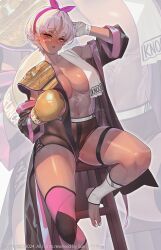 Rule 34 | 1girl, absurdres, bandaged hand, bandages, bandaid, bandaid on face, bike shorts, black robe, boxing gloves, breasts, championship belt, cleavage, hair ribbon, hairband, highres, large breasts, no shoes, open mouth, original, pink hairband, ribbon, robe, short hair, sitting, solo, stirrup footwear, stool, suerte, thick thighs, thighs, topless, towel, white hair, yellow eyes