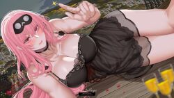 Rule 34 | 1girl, absurdres, alcohol, black choker, black nightgown, blush, breasts, champagne, character name, choker, cleavage, cropped legs, dating, evening, hanada yanochi, highres, hololive, hololive english, large breasts, light, long hair, looking at viewer, lying, mori calliope, mori calliope (sleepwear), nightgown, official alternate costume, on side, patreon username, pink hair, red eyes, smile, solo, twitter username, virtual youtuber