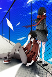 Rule 34 | 1boy, 1girl, black hair, converse, day, enpera, floating scarf, hand on own head, highres, kagerou project, kisaragi shintarou, long hair, nishina (alive001), paper, red scarf, rooftop, scarf, school uniform, short hair, sky, tateyama ayano, tears, toumei answer (vocaloid), vocaloid