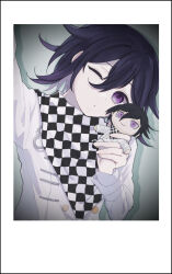 Rule 34 | 1boy, absurdres, arm up, black hair, buttons, character doll, checkered clothes, checkered scarf, closed mouth, danganronpa (series), danganronpa v3: killing harmony, doll, flipped hair, fuyu ko, grey jacket, hair between eyes, hand up, highres, holding, holding doll, jacket, long sleeves, looking at viewer, male focus, oma kokichi, one eye closed, pink eyes, scarf, solo, upper body, white background