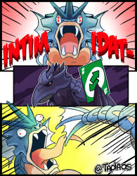 Rule 34 | 3koma, card, comic, commentary, corviknight, creature, creatures (company), emphasis lines, english commentary, english text, face, fangs, game freak, gameplay mechanics, gen 1 pokemon, gen 8 pokemon, gyarados, highres, holding, holding card, intimidate (pokemon), looking at viewer, mirror armor (pokemon), nintendo, no humans, pokemon, pokemon (creature), taplaos, uno (game)