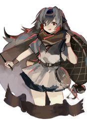 Rule 34 | 1girl, arknights, banner, belt, black hair, brown belt, carrying over shoulder, commentary, cowboy shot, cropped legs, genieko, grey hair, grey shirt, highres, holding, holding stick, long hair, looking at viewer, multicolored hair, official alternate costume, open mouth, red eyes, shirt, short sleeves, simple background, snowsant (arknights), snowsant (fated hero) (arknights), solo, stick, two-tone hair, white background, wrist cuffs