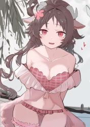 Rule 34 | 1girl, :d, absurdres, animal ears, arknights, arms behind back, asususususu, bikini, breasts, brown hair, cleavage, collarbone, commentary request, cowboy shot, eyjafjalla (arknights), eyjafjalla (summer flower) (arknights), flower, gluteal fold, goat ears, goat girl, goat horns, hair flower, hair ornament, heart, highres, holding, holding staff, horns, long hair, looking at viewer, medium breasts, midriff, navel, off-shoulder bikini, off shoulder, official alternate costume, open mouth, pink bikini, pink flower, simple background, smile, solo, staff, swimsuit, tree, white background