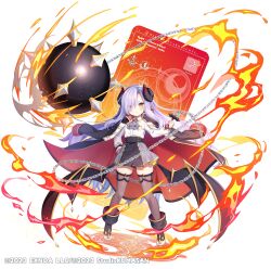 Rule 34 | 1girl, arm support, black footwear, black jacket, black wings, boots, brown thighhighs, card, chain, character request, closed mouth, collared shirt, copyright notice, curled horns, eyes visible through hair, fire, grey skirt, hair over one eye, hand on own hip, hand up, highres, holding, holding weapon, horns, jacket, jacket on shoulders, komachi pochi, long hair, long sleeves, looking at viewer, low wings, magic circle, official art, parted bangs, pillar, pleated skirt, puffy long sleeves, puffy sleeves, purple hair, shirt, simple background, skirt, sleeves past wrists, solo, standing, thighhighs, thighhighs under boots, twinkle star knights, very long hair, weapon, weapon request, white background, white shirt, wings, yellow eyes