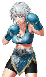 Rule 34 | 1girl, abs, bike shorts, blue eyes, boxing gloves, breasts, cleavage, female focus, fighting stance, focused, grin, highres, looking at viewer, medium hair, muscular, muscular female, nakanocchi, navel, original, silver hair, simple background, skirt, smile, solo, sports bra, twitter, twitter logo, twitter username, white background