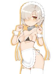 Rule 34 | 1girl, apron, azur lane, bare shoulders, bikini, blush, breasts, cap105, chain, closed mouth, collar, cowboy shot, garter belt, garter straps, hair over one eye, hair rings, hands up, highres, light brown hair, looking at viewer, maid, maid bikini, maid headdress, orange outline, sheffield (azur lane), simple background, small breasts, solo, swimsuit, thighhighs, unconventional maid, white apron, white background, white garter belt, white garter straps, white thighhighs, white wrist cuffs, wrist cuffs, yellow eyes