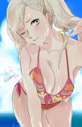 Rule 34 | 1girl, ;), adjusting hair, bikini, blonde hair, blue eyes, blue sky, breasts, cleavage, closed mouth, cloud, collarbone, day, hair ornament, hairclip, hand in own hair, highres, komugi (mugiwaraclub), large breasts, leaning forward, one eye closed, outdoors, persona, persona 5, red bikini, signature, sky, smile, solo, swimsuit, takamaki anne, twintails, water, wet, wet hair