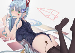 Rule 34 | 1girl, absurdres, animal ears, artist name, ass, bad id, bad pixiv id, black thighhighs, blue hair, blue one-piece swimsuit, blush, chocolate, choker, closed mouth, crossed bangs, dated, fake animal ears, food, girls&#039; frontline, green eyes, hand in own hair, highres, hk416 (girls&#039; frontline), holding, holding chocolate, holding food, long hair, looking at viewer, lying, no shoes, on stomach, one-piece swimsuit, red choker, school swimsuit, simple background, solo, soranagi (una123), swimsuit, teardrop facial mark, teardrop tattoo, thighhighs