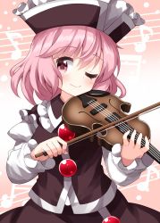 Rule 34 | 1girl, black hat, black skirt, black vest, blush, breasts, closed mouth, cosplay, frilled shirt collar, frills, hair between eyes, hat, highres, holding, holding instrument, holding violin, instrument, juliet sleeves, long sleeves, looking at viewer, lunasa prismriver, lunasa prismriver (cosplay), music, musical note, one eye closed, pink background, pink eyes, pink hair, playing instrument, puffy sleeves, ruu (tksymkw), saigyouji yuyuko, short hair, simple background, skirt, small breasts, smile, solo, touhou, vest, violin
