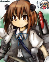 Rule 34 | 10s, 1girl, bow, bowtie, brown eyes, brown hair, cosplay, headgear, kagerou (kancolle), kagerou (kancolle) (cosplay), kantai collection, looking at viewer, machinery, sanari (quarter iceshop), school uniform, short hair, smile, solo, translation request, twitter username, vest, yukikaze (kancolle)