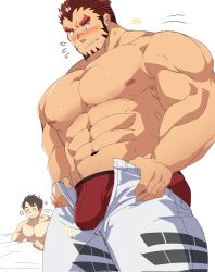 Rule 34 | 2boys, akashi (live a hero), bara, bed sheet, blush, bouncing bulge, boxers, bulge, bulge lift, commentary, dressing, facial hair, flying sweatdrops, goatee, highres, implied yaoi, large bulge, large pectorals, leoandaslan (leobongnana), live a hero, long sideburns, looking at bulge, male focus, male protagonist (live a hero), male underwear, meme, motion lines, multiple boys, muscular, muscular male, naked sheet, never seen a guy recreate this (meme), open pants, pants, pants lift, pectorals, red hair, red male underwear, romaji commentary, scar, scar on face, scar on nose, short hair, sideburns, solo focus, squeans, thick eyebrows, thick thighs, thighs, topless male, undersized clothes, underwear, waking up