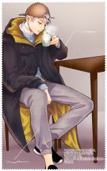 Rule 34 | 1boy, backwards hat, bad id, bad pixiv id, black coat, black footwear, bokuto koutarou, border, brown hat, chair, closed mouth, coat, collar, cup, grey hair, haikyuu!!, hand on leg, hand on own leg, hat, highres, holding, holding cup, long sleeves, looking down, male focus, on chair, pants, purple pants, short hair, sitting, solo, sorane901, steam, table, tea, turtleneck, white border