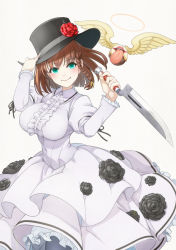 Rule 34 | 1girl, arm up, black flower, black hat, black rose, braid, breasts, brown hair, brown wings, center frills, charlotte corday (fate), charlotte corday (third ascension) (fate), closed mouth, collared dress, commentary request, covered navel, dress, fate/grand order, fate (series), feathered wings, flower, frilled dress, frills, green eyes, grey background, halo, hand on headwear, hat, hat flower, highres, holding, holding knife, knife, large breasts, long sleeves, looking at viewer, red flower, red rose, rose, simple background, smile, solo, tongue, tongue out, white dress, wings, yunar