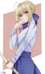 Rule 34 | 1girl, absurdres, ahoge, artoria pendragon (all), artoria pendragon (fate), blonde hair, blue bow, blue ribbon, blue skirt, bow, braid, braided bun, brown background, cowboy shot, fate/stay night, fate (series), from side, green eyes, grin, hair between eyes, hair bow, hair bun, harrishero10, highres, holding, holding sword, holding weapon, long sleeves, looking at viewer, neck ribbon, ribbon, saber (fate), shinai, shirt, skirt, smile, solo, standing, sword, weapon, white background, white shirt